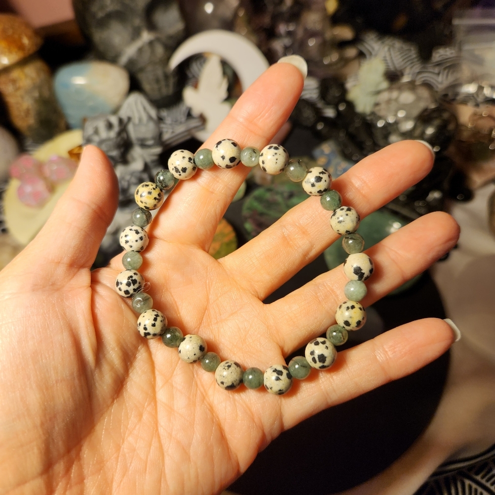 Dalmatian Jasper and Prehnite Bracelet (8.5mm, Size 7.5)
